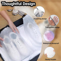 Hand placing translucent drawstring shoe bag into suitcase with feature callouts for waterproof dustproof drawstring design