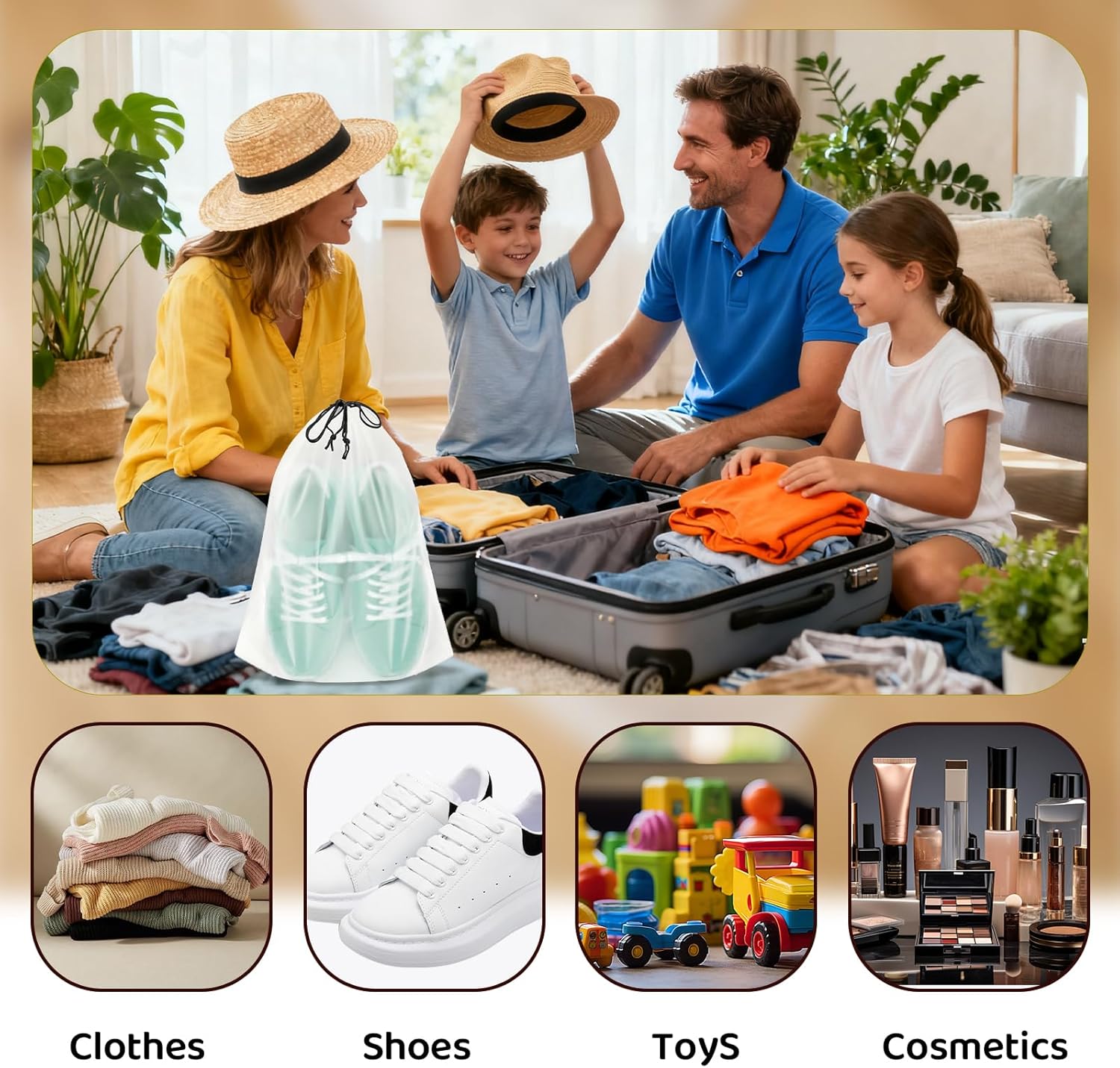 Family packing suitcase with translucent drawstring bag visible and icons showing uses for clothes shoes toys and cosmetics