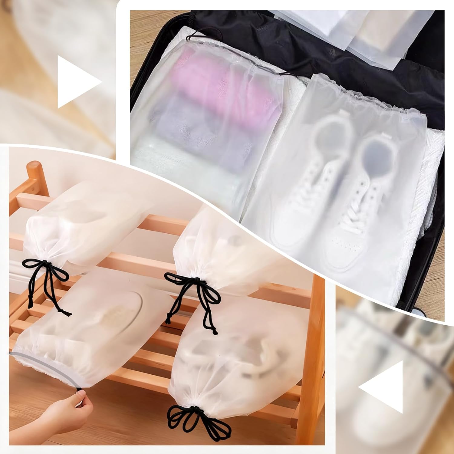 Two-panel collage showing drawstring shoe bags inside open suitcase and tied bags stored on wooden shoe rack