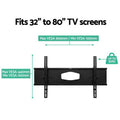 Dual-arm TV bracket spec infographic fits 32-80 inch TVs VESA 100-800mm horizontal 100-440mm vertical 50kg capacity