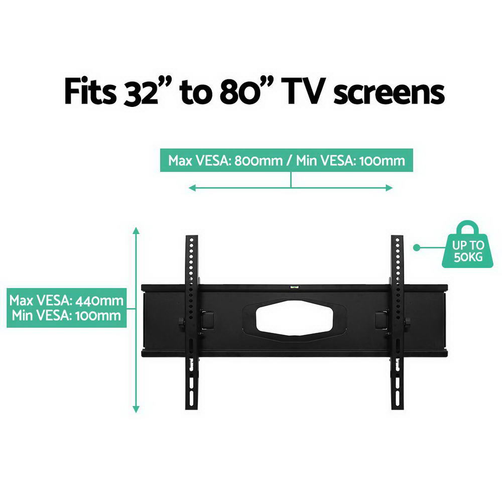 Dual-arm TV bracket spec infographic fits 32-80 inch TVs VESA 100-800mm horizontal 100-440mm vertical 50kg capacity