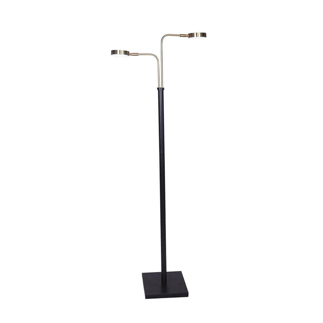 Dual-arm floor reading lamp with black square base, gold T-bar and two small circular LED disc heads on white background