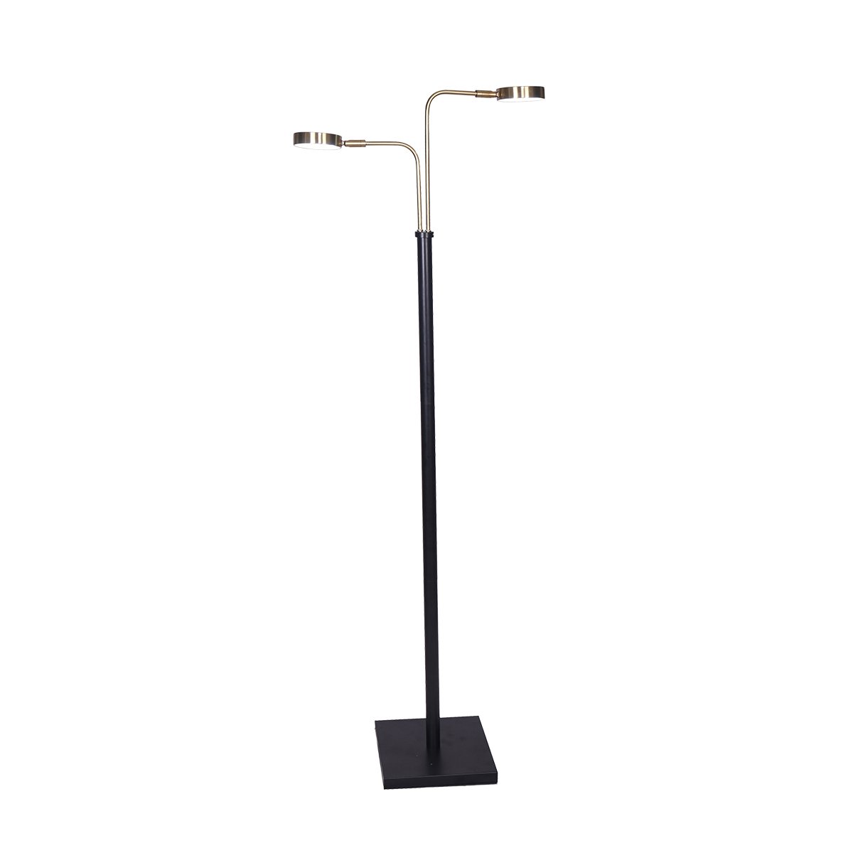 Dual-arm floor reading lamp with black square base, gold T-bar and two small circular LED disc heads on white background