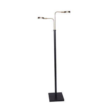Dual-arm floor reading lamp with black square base, gold T-bar and two small circular LED disc heads on white background
