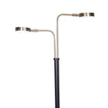 Close-up of dual-arm floor lamp head: two gold curved arms with circular LED disc heads extending from black pole