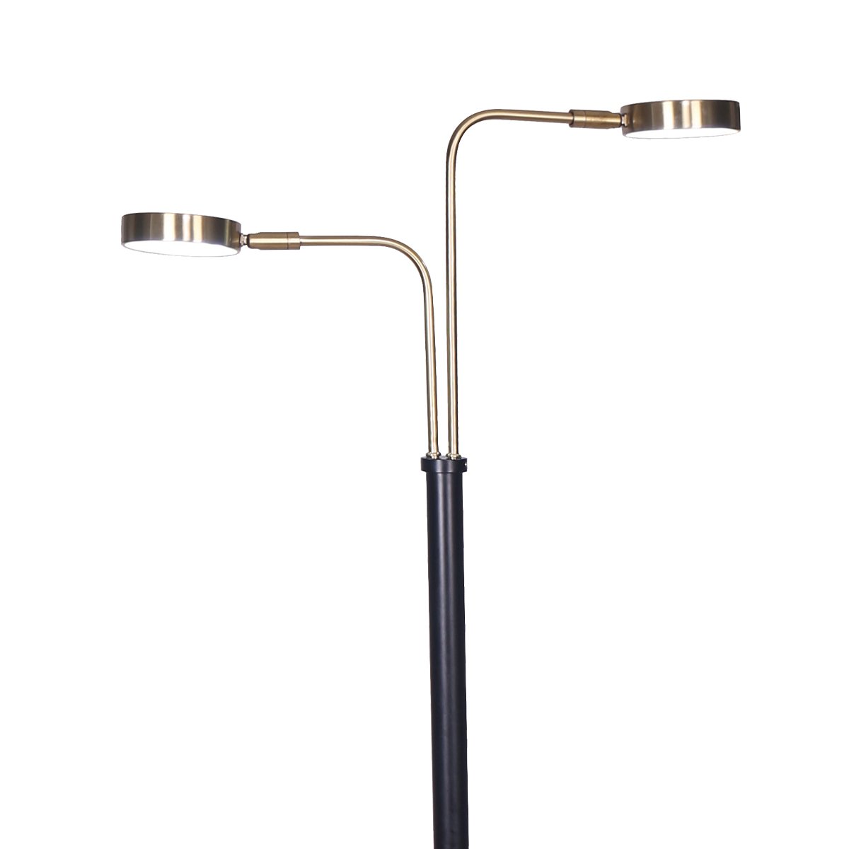Close-up of dual-arm floor lamp head: two gold curved arms with circular LED disc heads extending from black pole