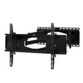 Black full-motion dual-arm TV wall bracket angle view from right showing wide TV plates and folded arms on white background
