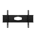 Black dual-arm TV bracket front view on white wide frame oval center cutout two vertical rails and spirit level