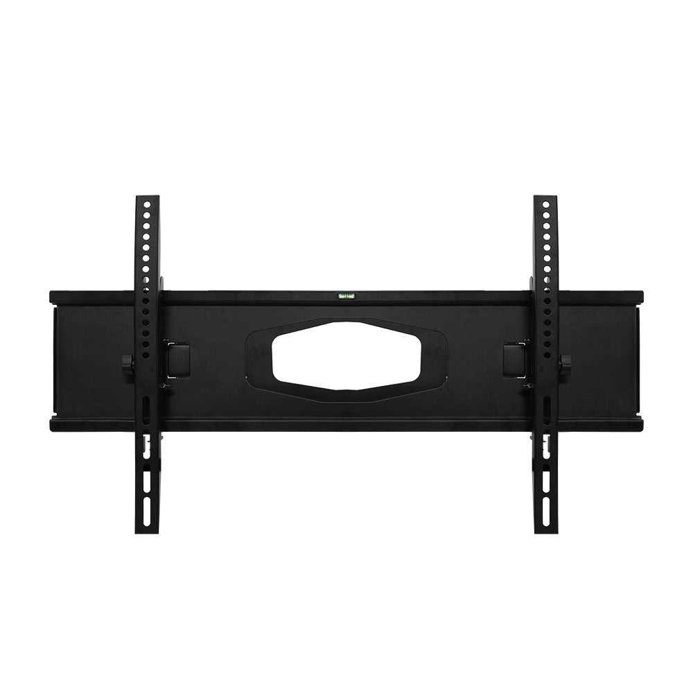 Black dual-arm TV bracket front view on white wide frame oval center cutout two vertical rails and spirit level