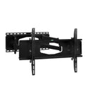 Black large full-motion dual-arm TV wall bracket angle view on white very wide dual TV plates and spirit level folded