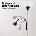 Black dual-shade floor lamp feature graphic showing adjustable reading arm with multiple flexible positions