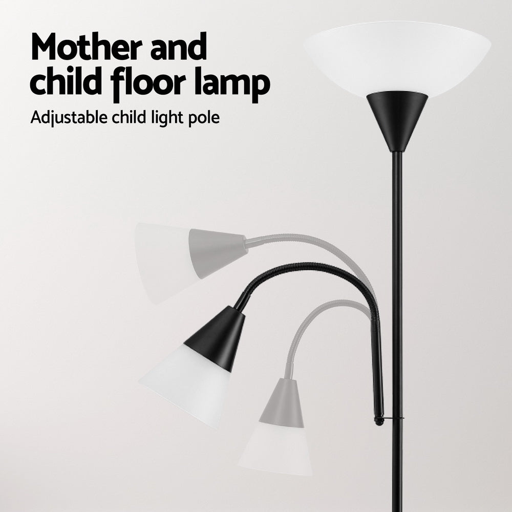 Black dual-shade floor lamp feature graphic showing adjustable reading arm with multiple flexible positions