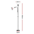 Black dual-shade floor lamp dimensions showing 180cm height, 29cm top shade, 22cm base and 12cm reading shade