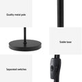 Detail infographic of black dual-shade floor lamp showing quality metal pole, stable round base and separated switches