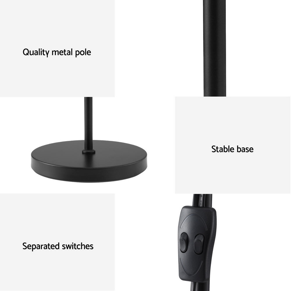 Detail infographic of black dual-shade floor lamp showing quality metal pole, stable round base and separated switches