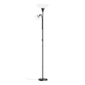 Black dual-shade floor lamp side view showing uplight bowl shade and adjustable reading arm on white background