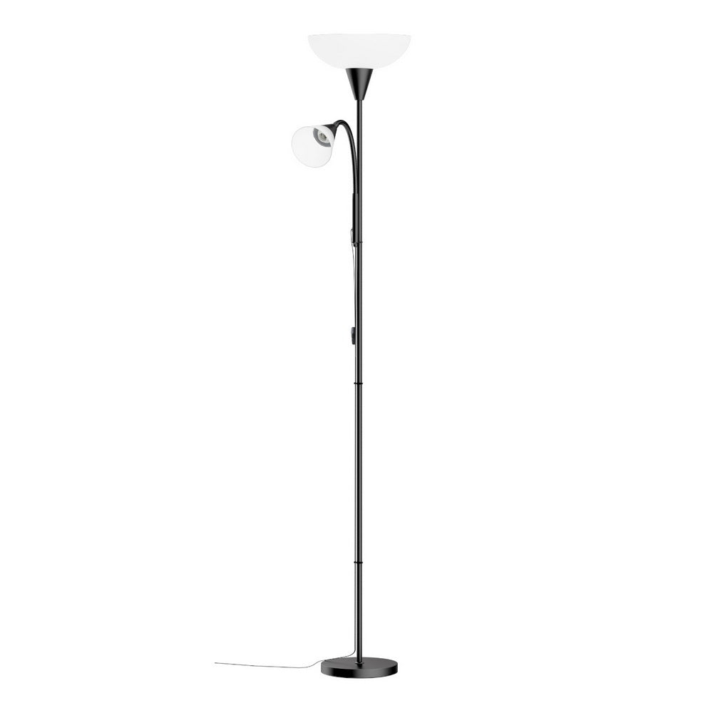 Black dual-shade floor lamp side view showing uplight bowl shade and adjustable reading arm on white background