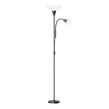 Black dual-shade floor lamp with uplight bowl shade and adjustable reading arm with cone shade on white background