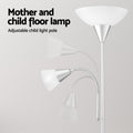 Silver dual-shade floor lamp feature graphic showing adjustable reading arm with multiple flexible positions