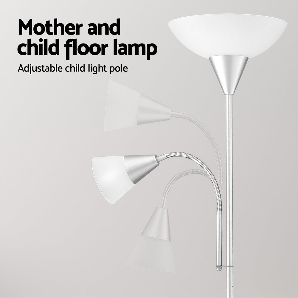 Silver dual-shade floor lamp feature graphic showing adjustable reading arm with multiple flexible positions