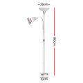 Silver dual-shade floor lamp dimensions showing 180cm height, 29cm top shade, 22cm base and 12cm reading shade