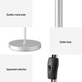 Detail infographic of silver dual-shade floor lamp showing quality metal pole, stable round base and separated switches