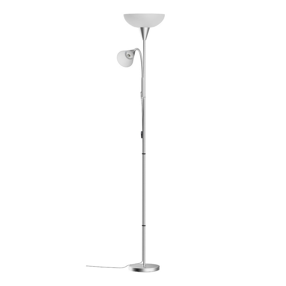 Silver dual-shade floor lamp side view showing uplight bowl shade and adjustable reading arm on white background