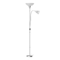 Silver dual-shade floor lamp with uplight bowl shade and adjustable reading arm with cone shade on white background