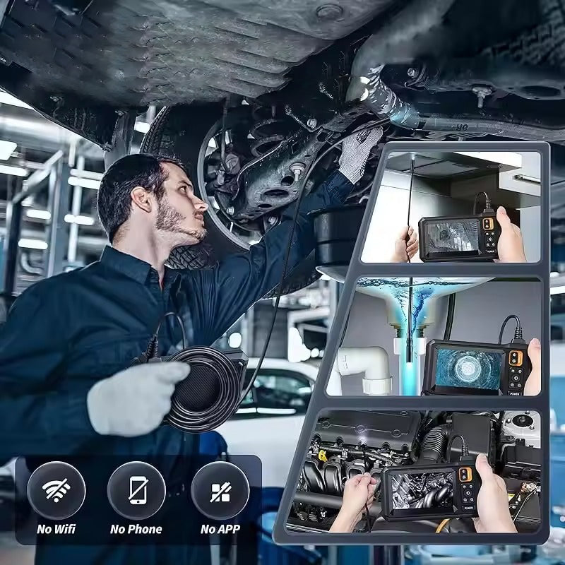 Endoscope camera scenarios: mechanic inspecting under car, plus pipe, wall and engine inspection; No Wifi, No Phone, No APP