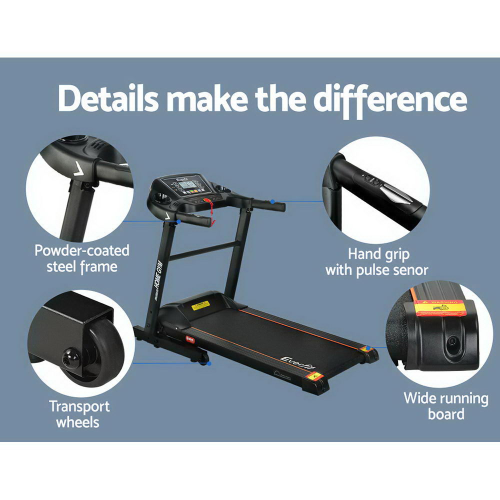 Everfit 2HP treadmill detail features powder-coated frame, grip with sensor, wheels, wide board