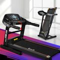 Everfit 2HP electric treadmill lifestyle display extended running position and folded vertical storage