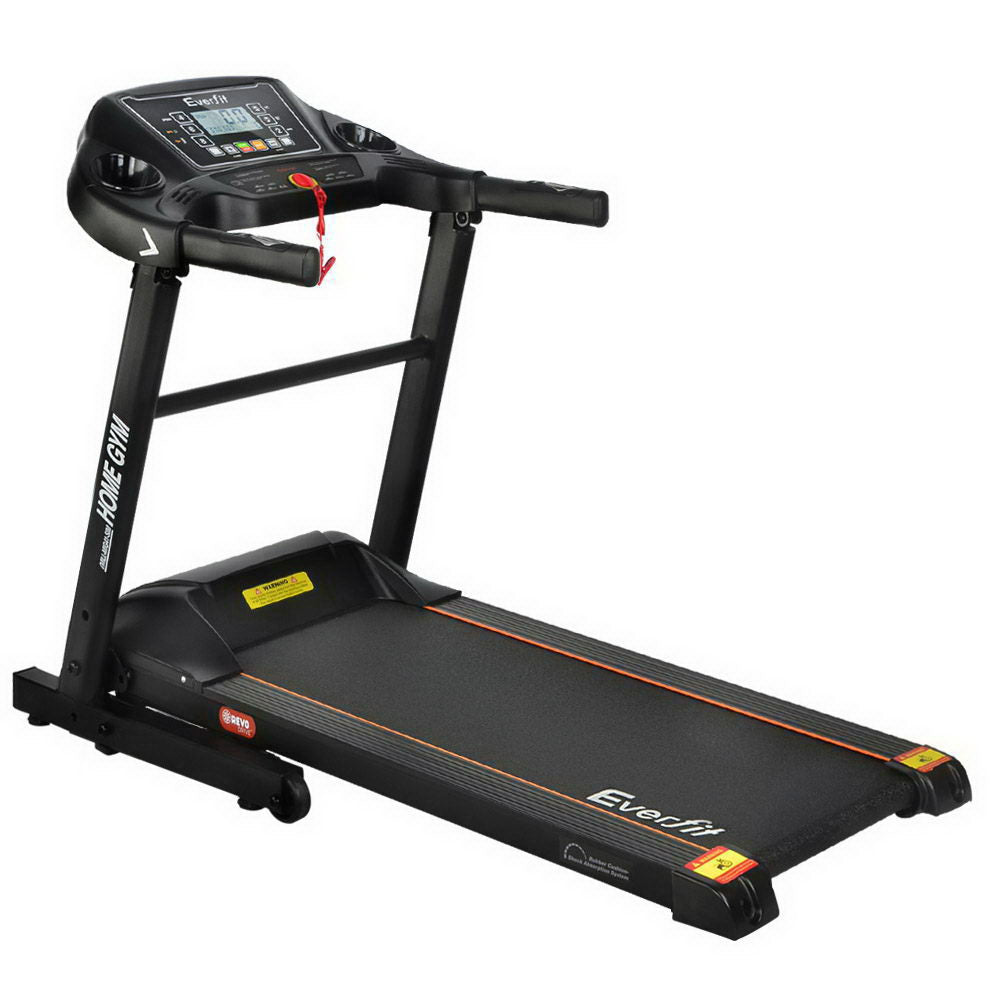 Everfit 2HP electric treadmill front-right angle showing console with LCD display and orange safety button