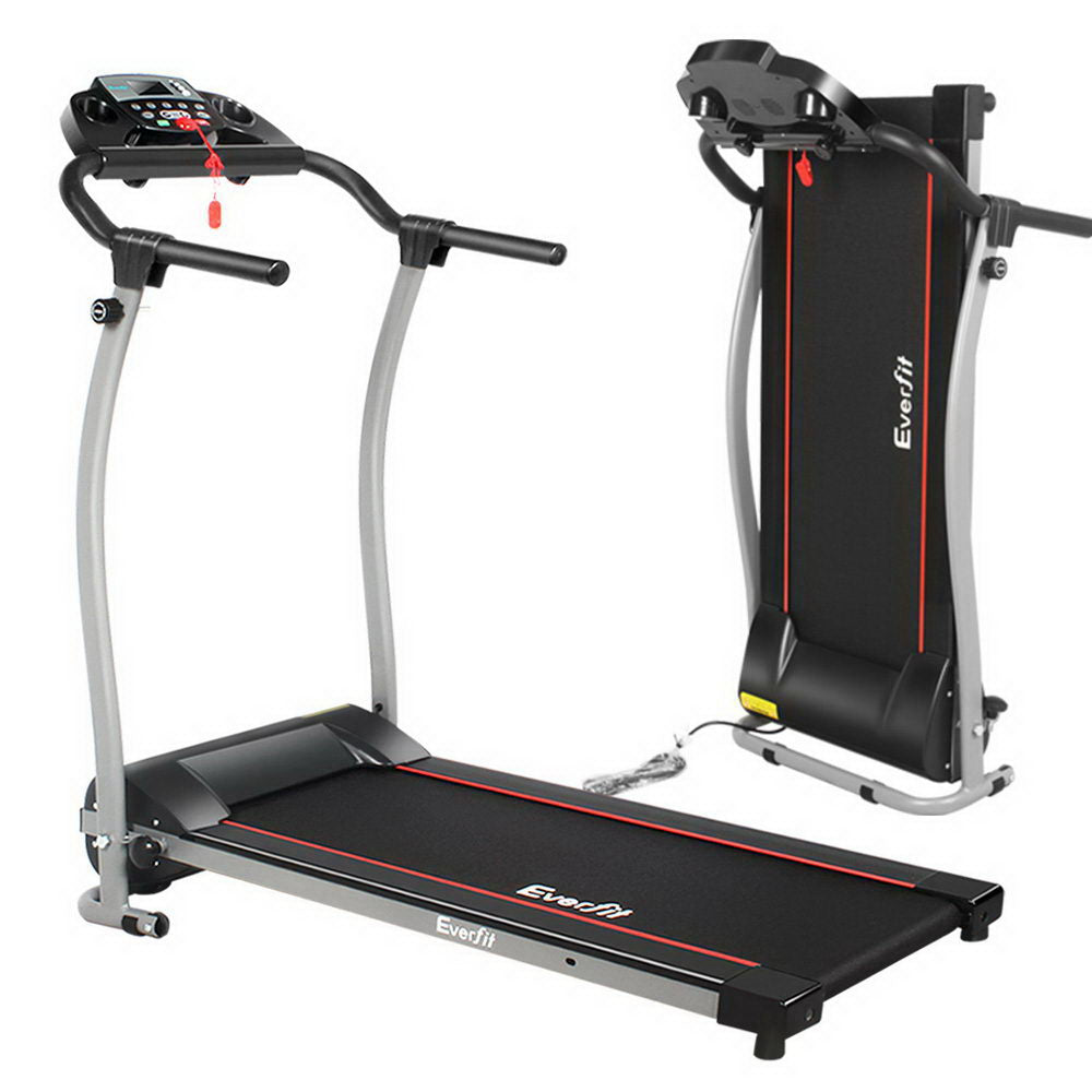 Everfit 340mm electric treadmill extended running position and folded vertical storage display