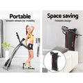 Everfit 340mm treadmill folded vertical position showing compact storage on bed with detail circle