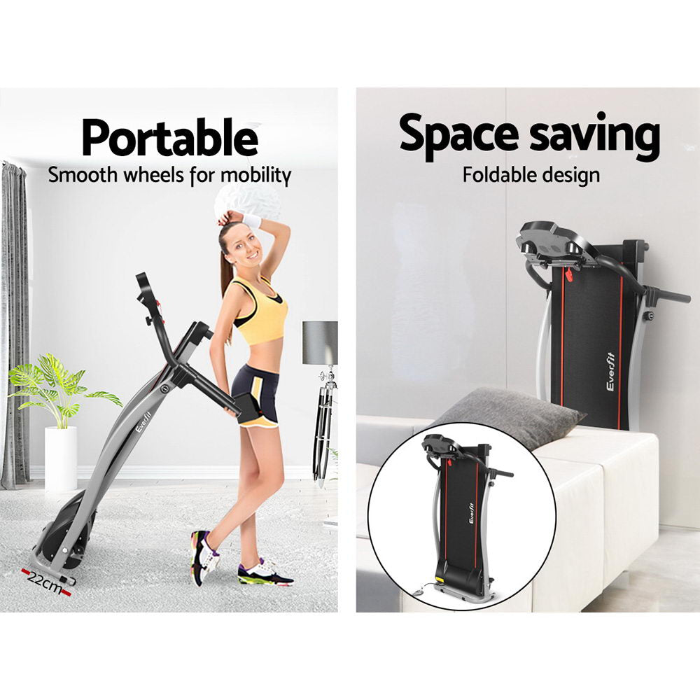 Everfit 340mm treadmill folded vertical position showing compact storage on bed with detail circle