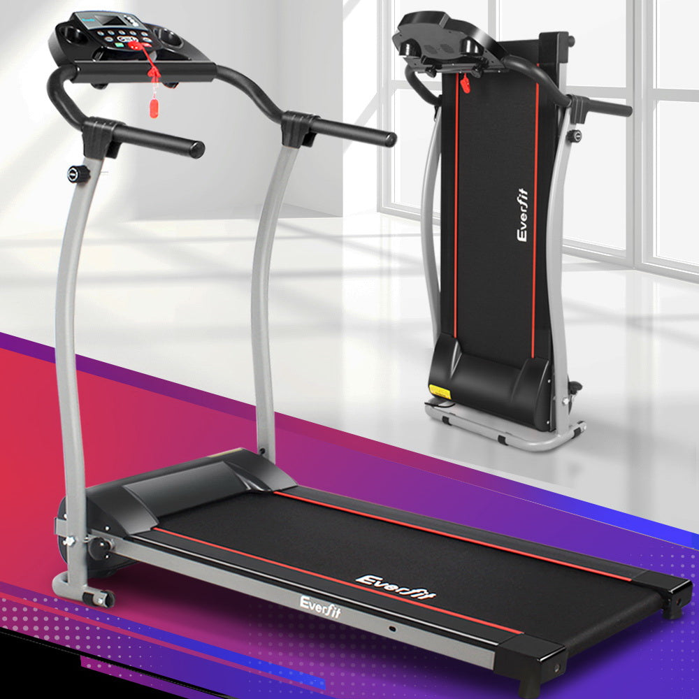 Everfit 340mm electric treadmill lifestyle display extended running position and folded vertical storage