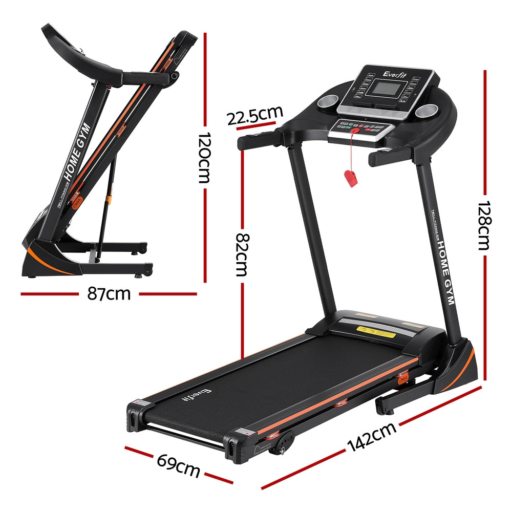 dimensions diagram showing treadmill 87cm width 120cm height 128cm total height