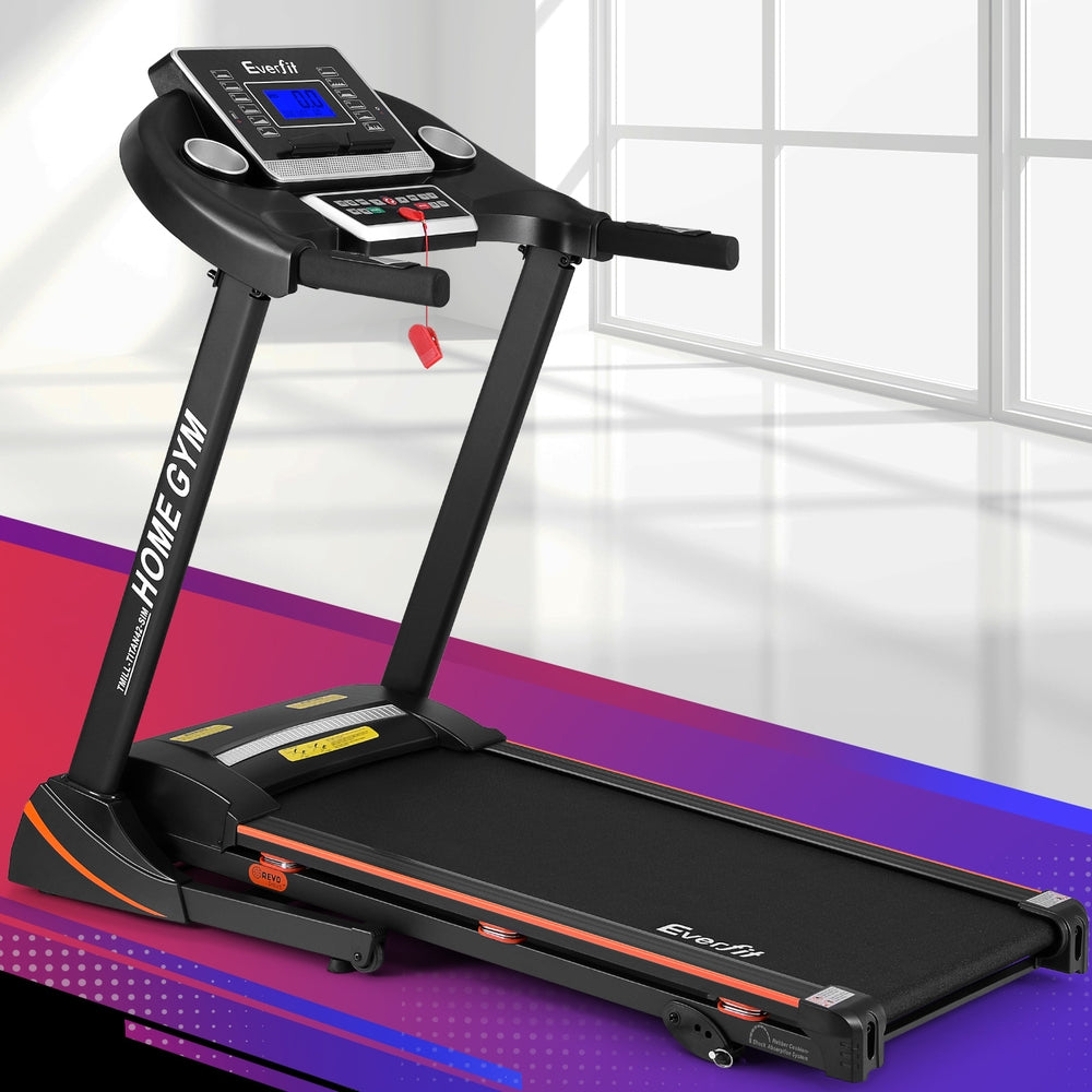 everfit electric treadmill with console handles and safety key on gradient background