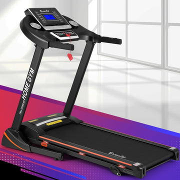 everfit electric treadmill with console handles and safety key on gradient background