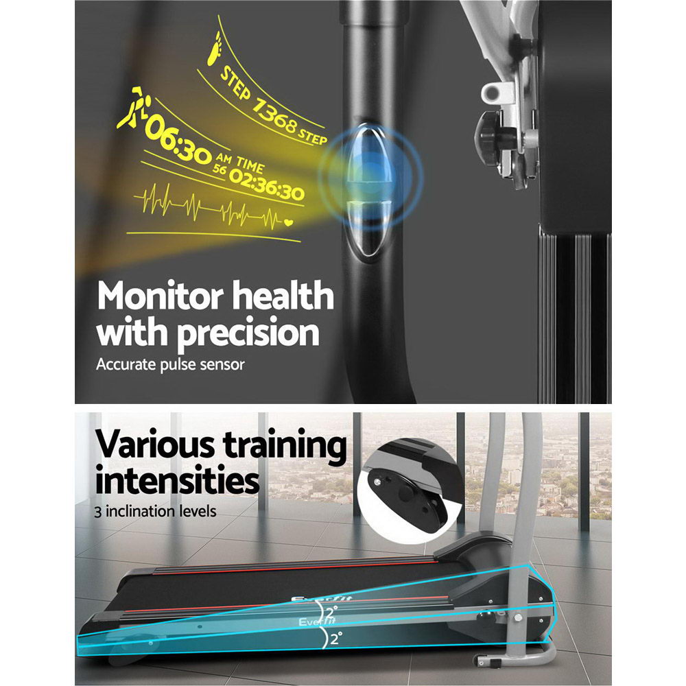 Everfit treadmill features showing pulse sensor, 3 incline levels and workout statistics display