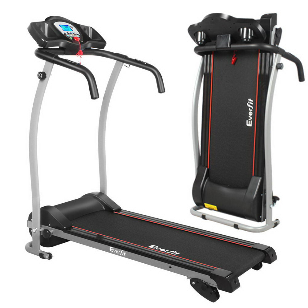 Everfit electric treadmill foldable design shown in extended running position and folded vertical storage