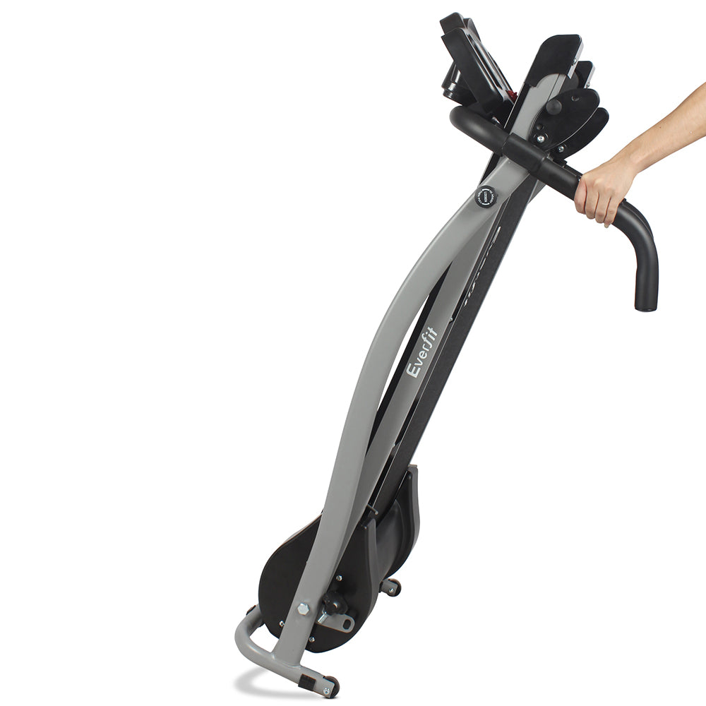 Everfit electric treadmill handlebar with grip and soft-padded top section shown with hand demonstration