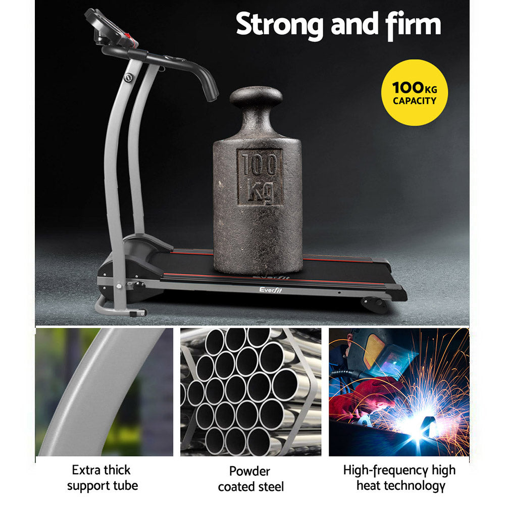 Everfit treadmill strength features showing 100kg weight capacity, powder-coated steel construction