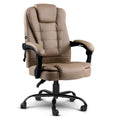 Beige PU executive massage office chair three-quarter view on white background with wide headrest and cushioned armrests