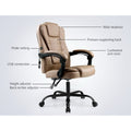 Beige executive chair side features callout: wide headrest, USB connection, mode setting, height and recline adjustors