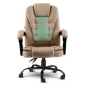 Beige PU executive office chair front view on white background with green 2-zone massage vibration indicators on back