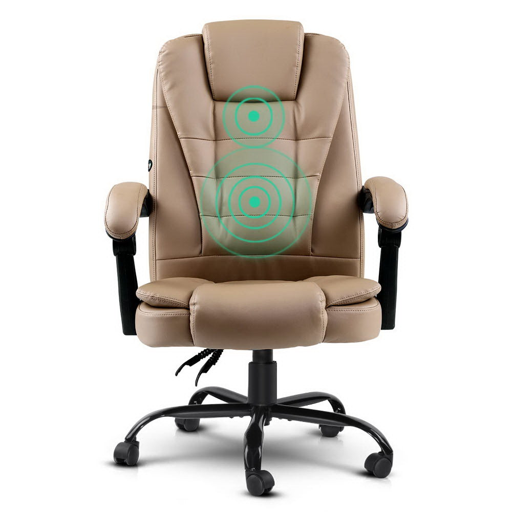 Beige PU executive office chair front view on white background with green 2-zone massage vibration indicators on back