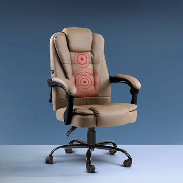 Beige PU executive office chair with 2-zone vibration massage circles shown on back in blue studio background setting