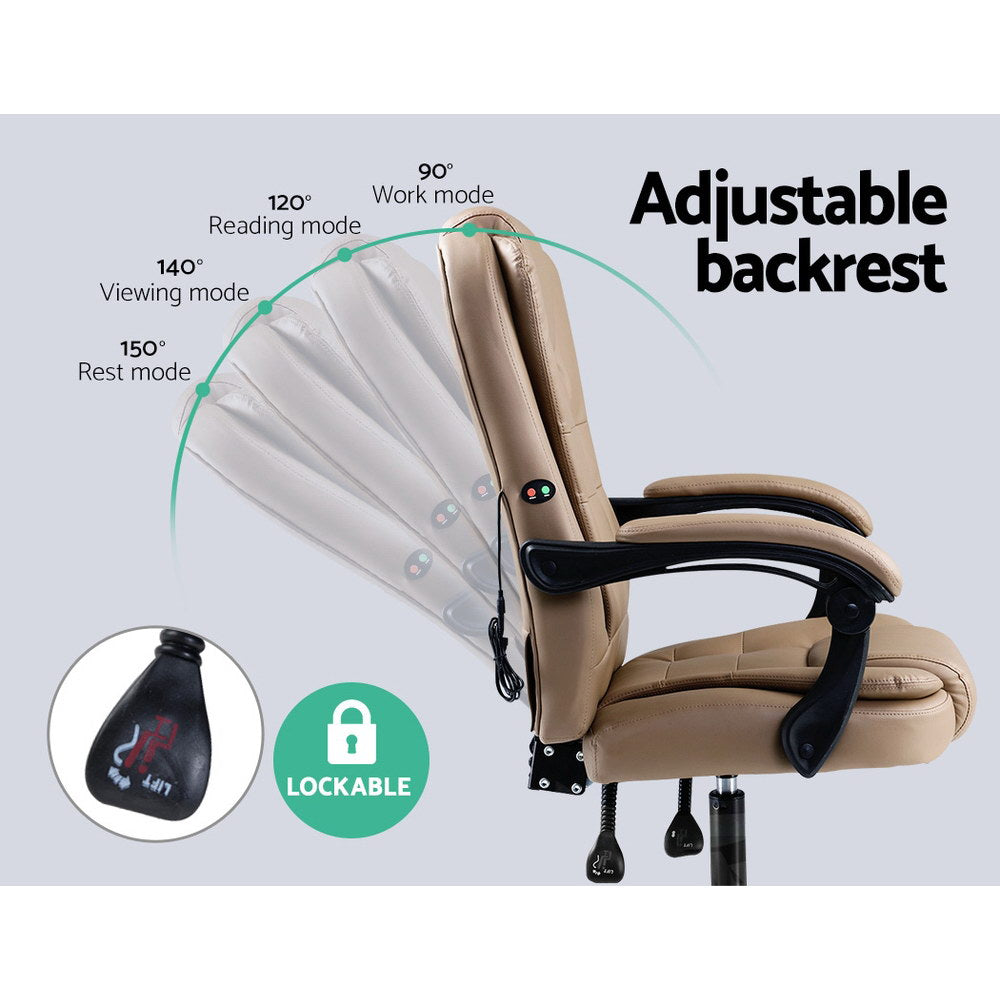 Beige executive massage chair adjustable backrest infographic showing 90 120 140 150 degree positions with lockable lever