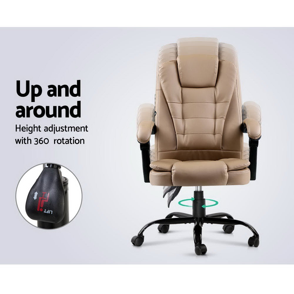 Beige executive massage chair rear view: height adjustment and 360-degree swivel infographic with lift lever close-up